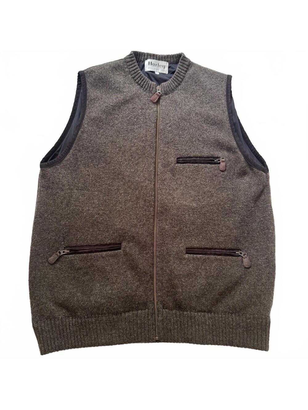 Harley of Scotland Lined Wool Vest Mens Large Gilet Brown Knit Full Zip Sweater